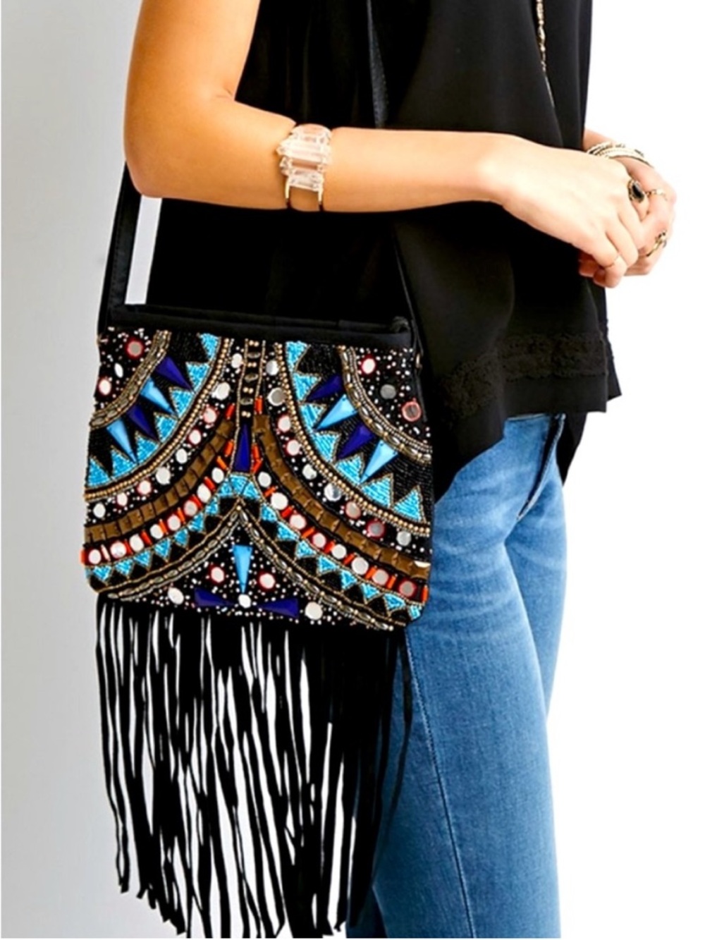 Bohemian Suede Fringe Beaded Crossbody Bag
